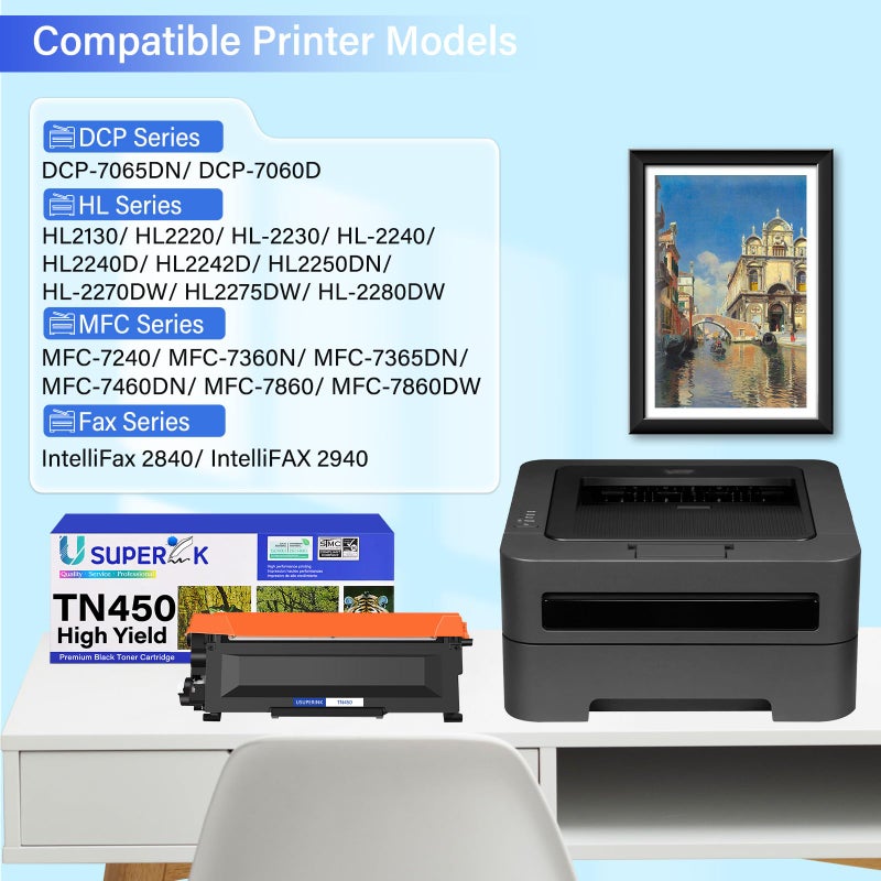 SuperInk TN450 Toner Cartridge Compatible for Brother TN-450 TN420 TN-420 to Use with HL-2270DW HL-2280DW HL-2230 HL-2240 MFC-7360N MFC-7860DW MFC-7460DN DCP-7065DN Printer Black 1 Pack (No Drum) - Image 2